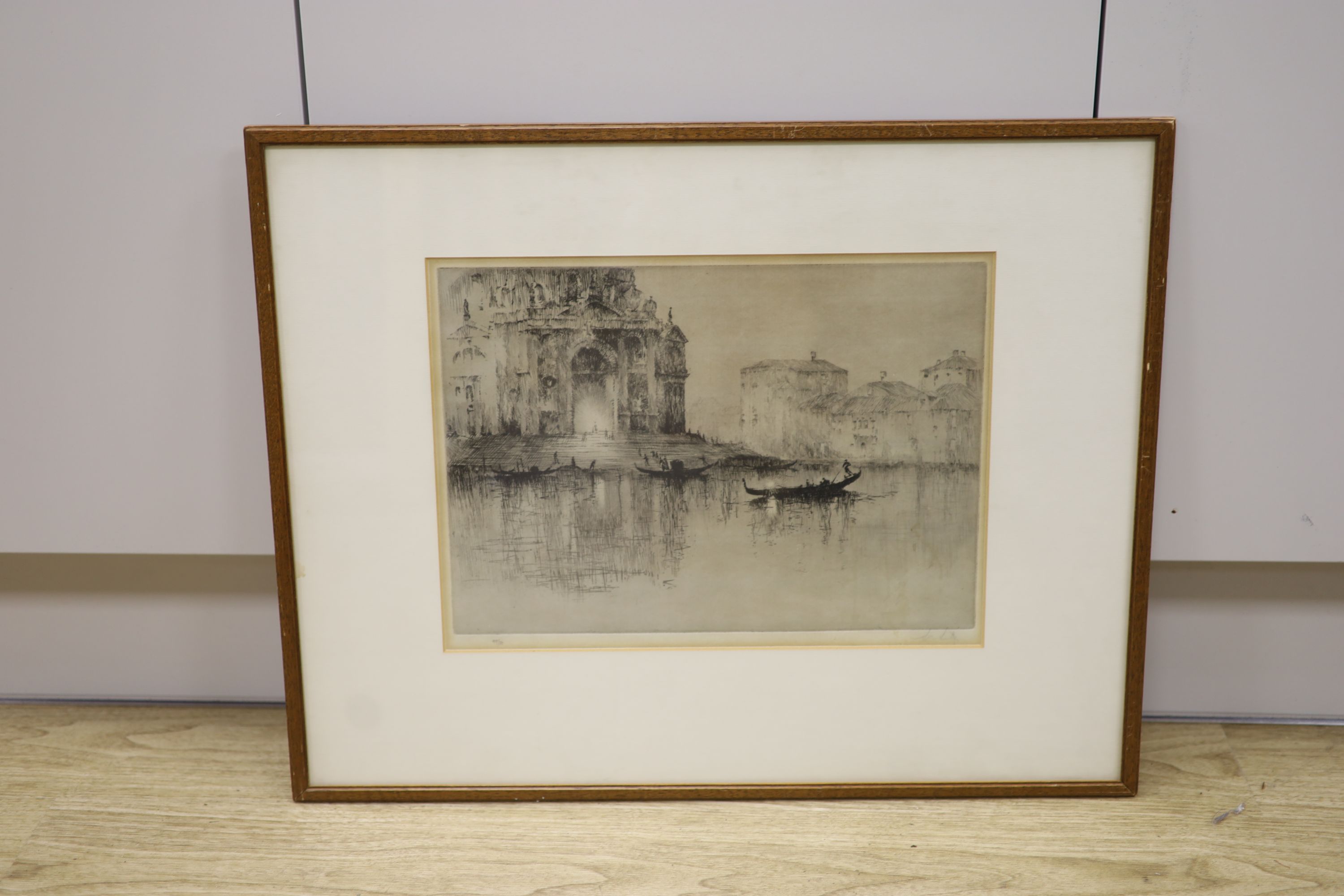 English School, etching, Gondola's on the water, indistinctly signed in pencil, 49/80, 25 x 35cm